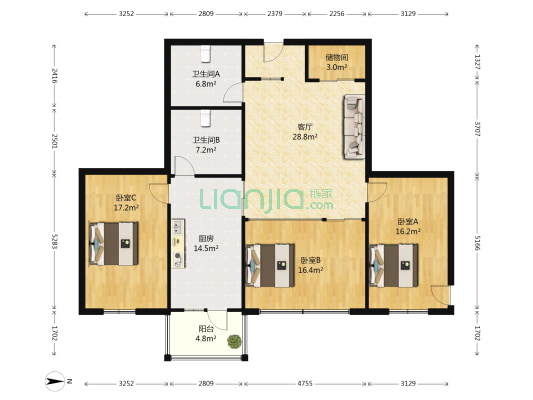 学府佳苑 3室1厅2卫 146平方