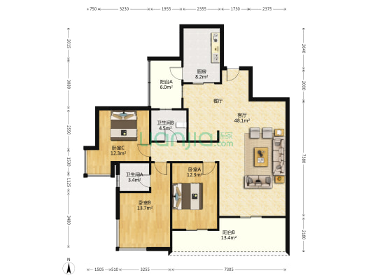 颐景新城 3室1厅2卫 137平方