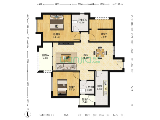 京汉新城悦隽江山 3室1厅2卫 104平方
