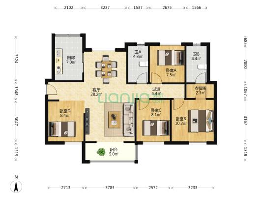 永实蔷薇国际 4室1厅2卫 114平方