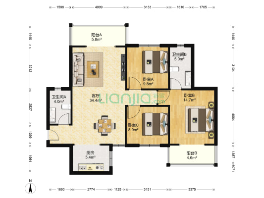 铁建水岸雅苑 3室1厅2卫 125平方