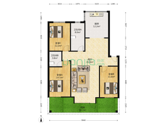 广泽紫晶城一期 3室1厅2卫 133平方