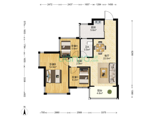 保利心语 3室1厅1卫 88平方