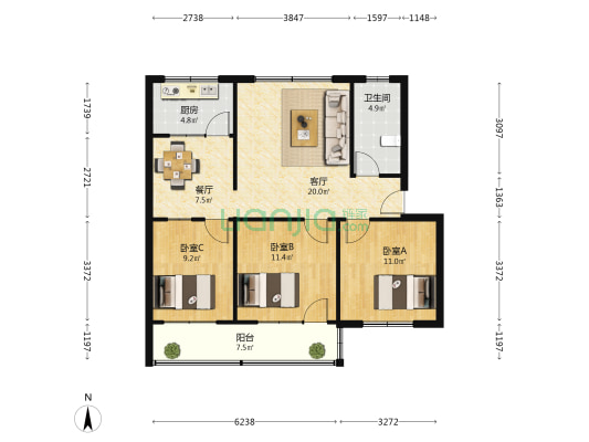 南苑小区(东村街) 3室2厅1卫 87平方