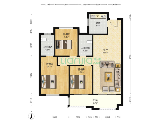 润源阳光城 3室1厅2卫 114平方