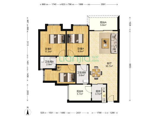 学府南苑 3室1厅2卫 99平方