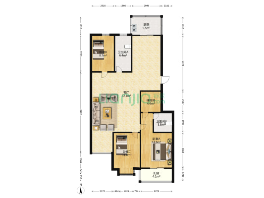 和谐新村 3室1厅2卫 136平方