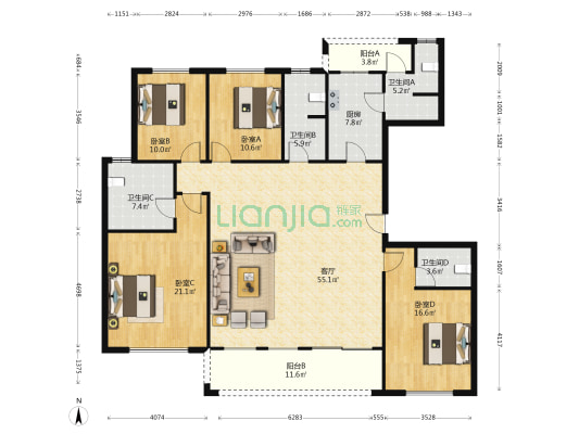 名门紫园桂园 4室1厅4卫 191平方