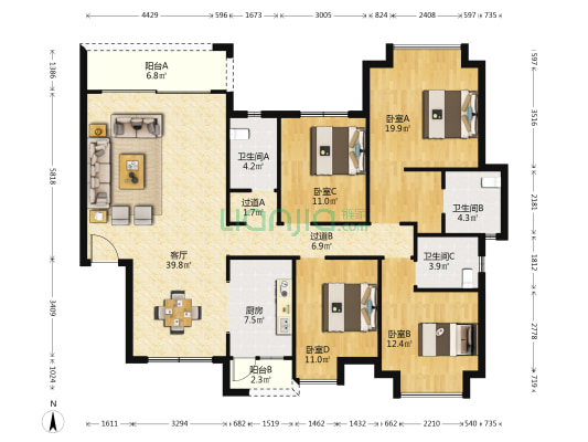 山语林花园 4室1厅3卫 161平方