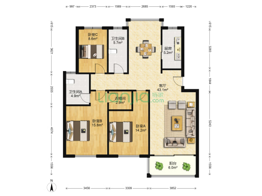 惠园小区南区 3室1厅2卫 119平方