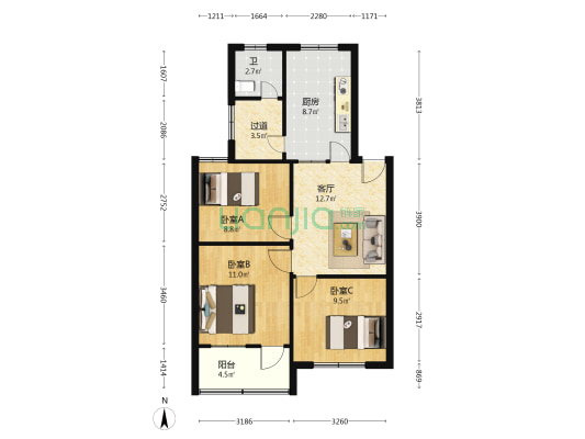 新苑小区 3室1厅1卫 80平方