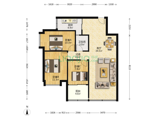华南理工大学东住宅区 3室1厅1卫 86平方