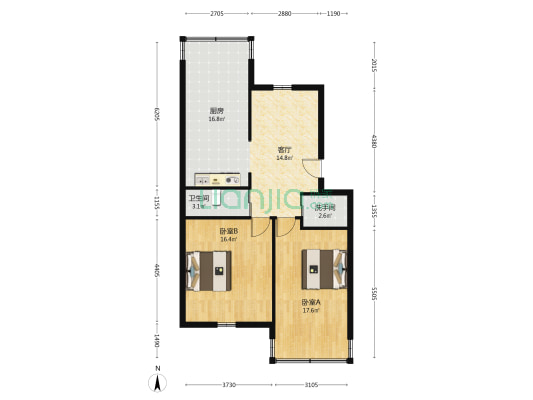 外贸公司宿舍 2室1厅2卫 83平方