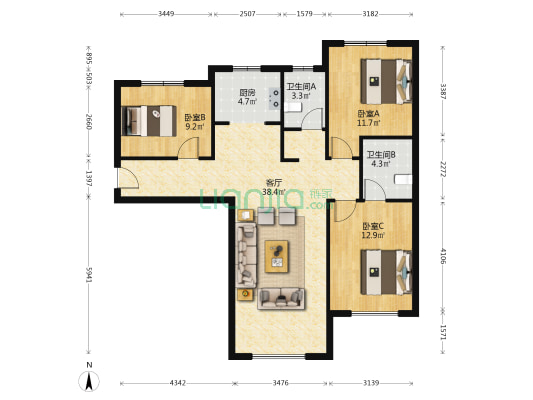 狮子城南北向户型.全天采光.配套设施齐全.出行方便-户型图