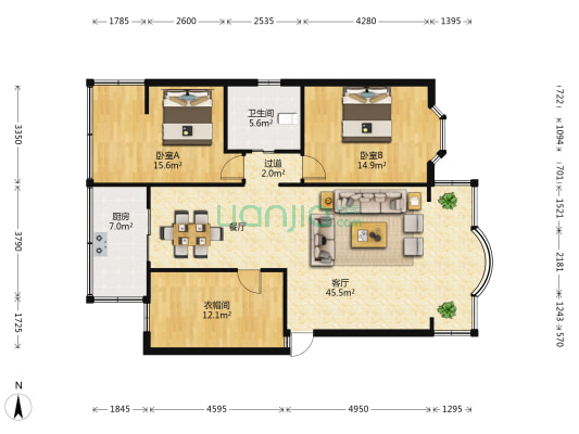 和平园 2室1厅1卫 124平方