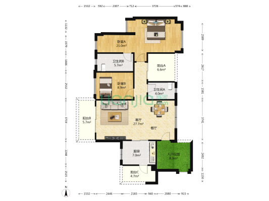 碧桂园海湾1号 2室1厅2卫 115平方