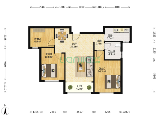上城国际C区 3室1厅1卫 106平方