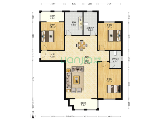 锦绣国际花园 3室1厅2卫 159平方