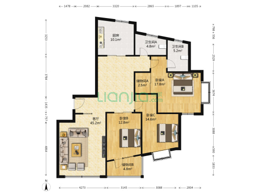 万星现代城 3室1厅2卫 169平方