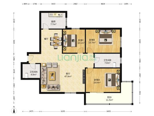 旺园大厦 3室1厅2卫 169平方
