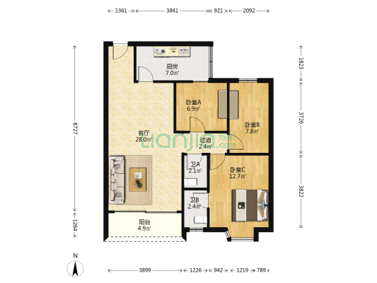 恒龙阁 3室1厅2卫 85平方