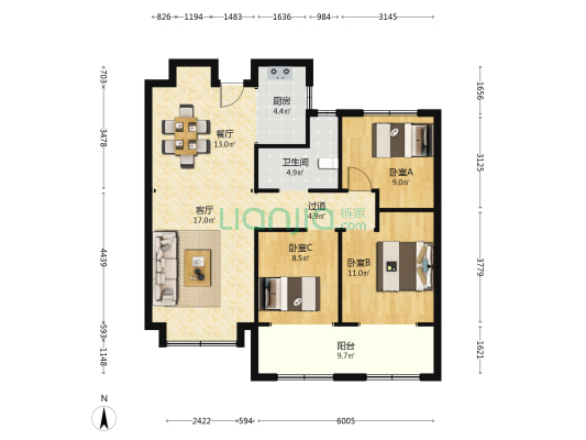 泰安紫荆城 3室2厅1卫 116平方
