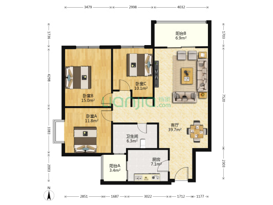 龙砚东山 3室1厅1卫 110平方