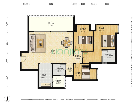 鲁能领秀城二期 3室1厅2卫 106平方