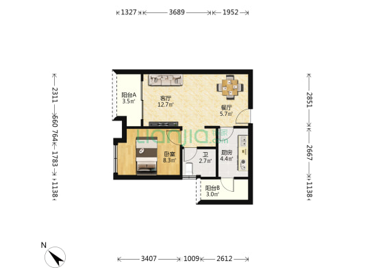 万科城回迁房北区 1室2厅1卫 54平方