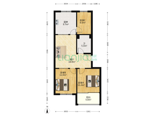 梨花苑公寓 3室1厅1卫 87平方