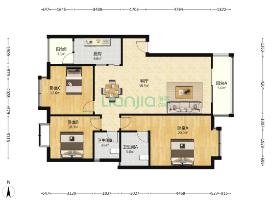 印月花园 3室1厅2卫 118平方