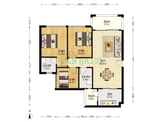 万象湖花园 3室1厅2卫 95平方