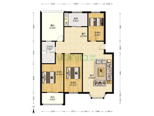 德信公园南侧 精装大三居 带13平露台 满五-户型图