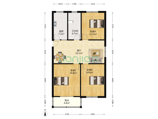 古松街小区 3室1厅1卫 100平方