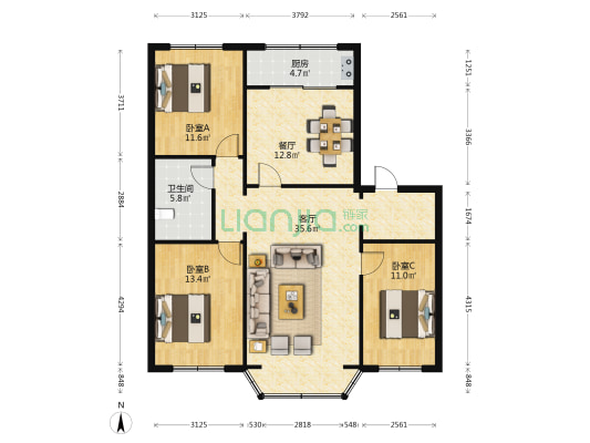 烽火C1区 3室2厅1卫 130平方