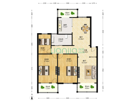 棉麻新区 3室2厅1卫 131平方