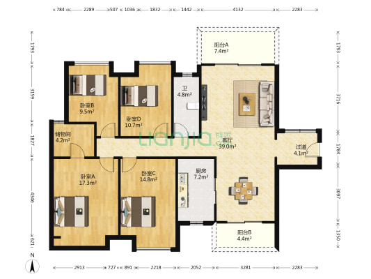 美的明湖北湾花园一期 4室1厅1卫 142平方