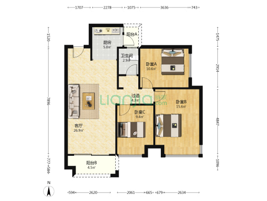 东亚·俪景轩 3室1厅1卫 102平方