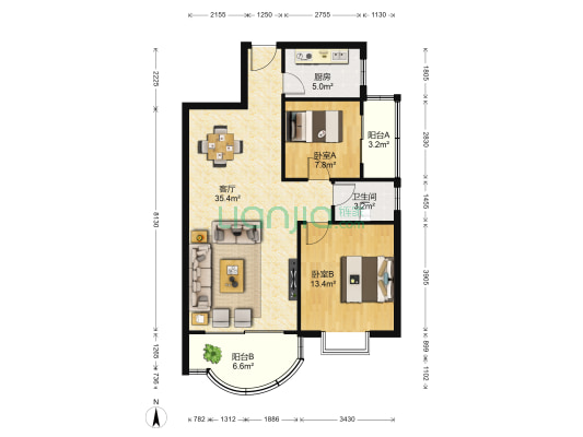星城国际 2室1厅1卫 92平方