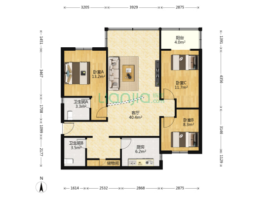 金鹏花园 3室1厅2卫 116平方