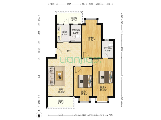 康丽花园 3室1厅2卫 103平方