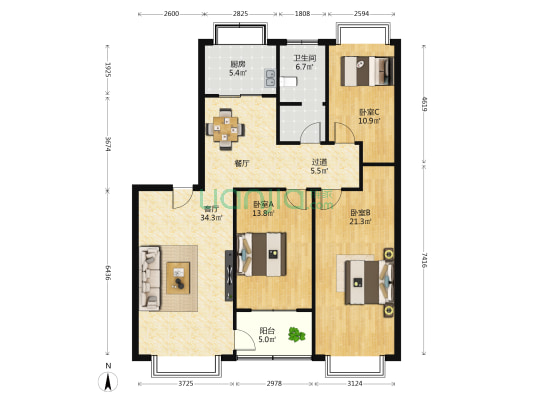 绿茵水岸 3室1厅1卫 124平方