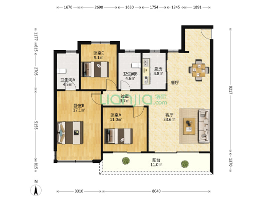 梦溪云庐 3室1厅2卫 120平方