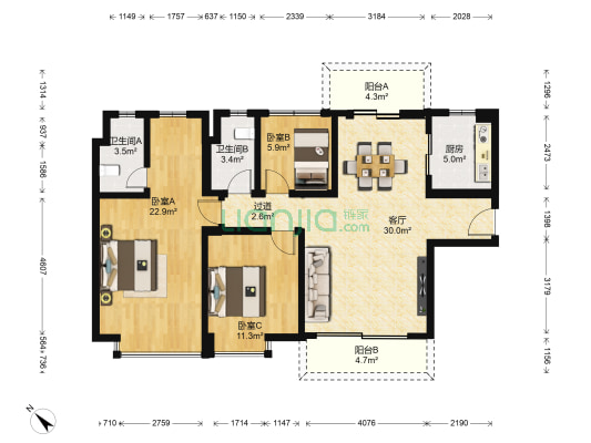 勒流碧桂园 3室1厅2卫 121平方
