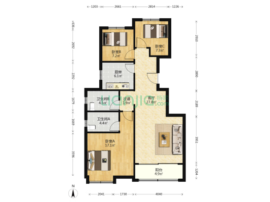 领航新城 3室1厅2卫 112平方
