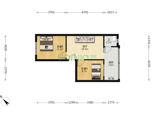 日化厂宿舍 2室1厅1卫 59平方