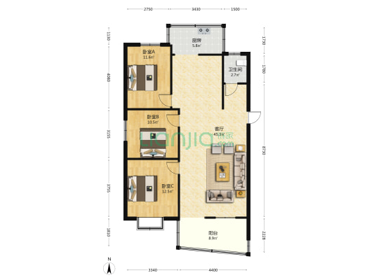 土地局家属院 3室1厅1卫 106平方