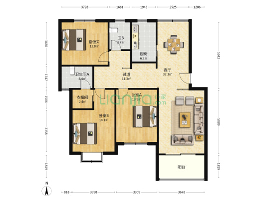 桃花苑 3室1厅2卫 128平方