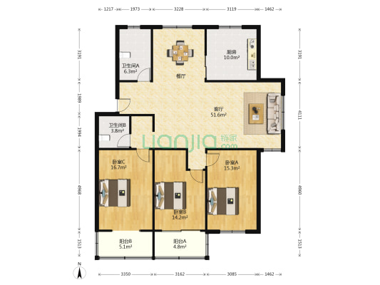 丽茵嘉园 3室1厅2卫 144平方