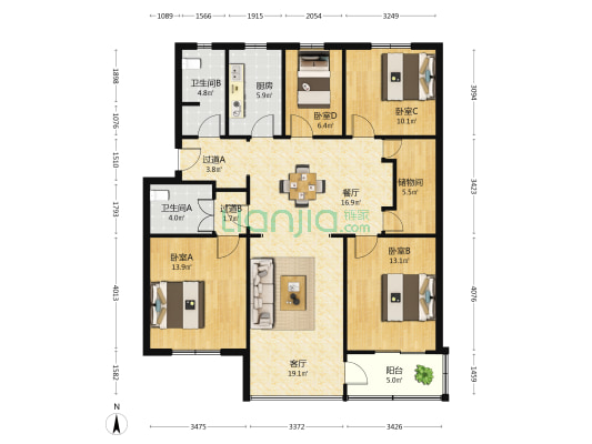 九华山公寓 4室2厅2卫 129平方